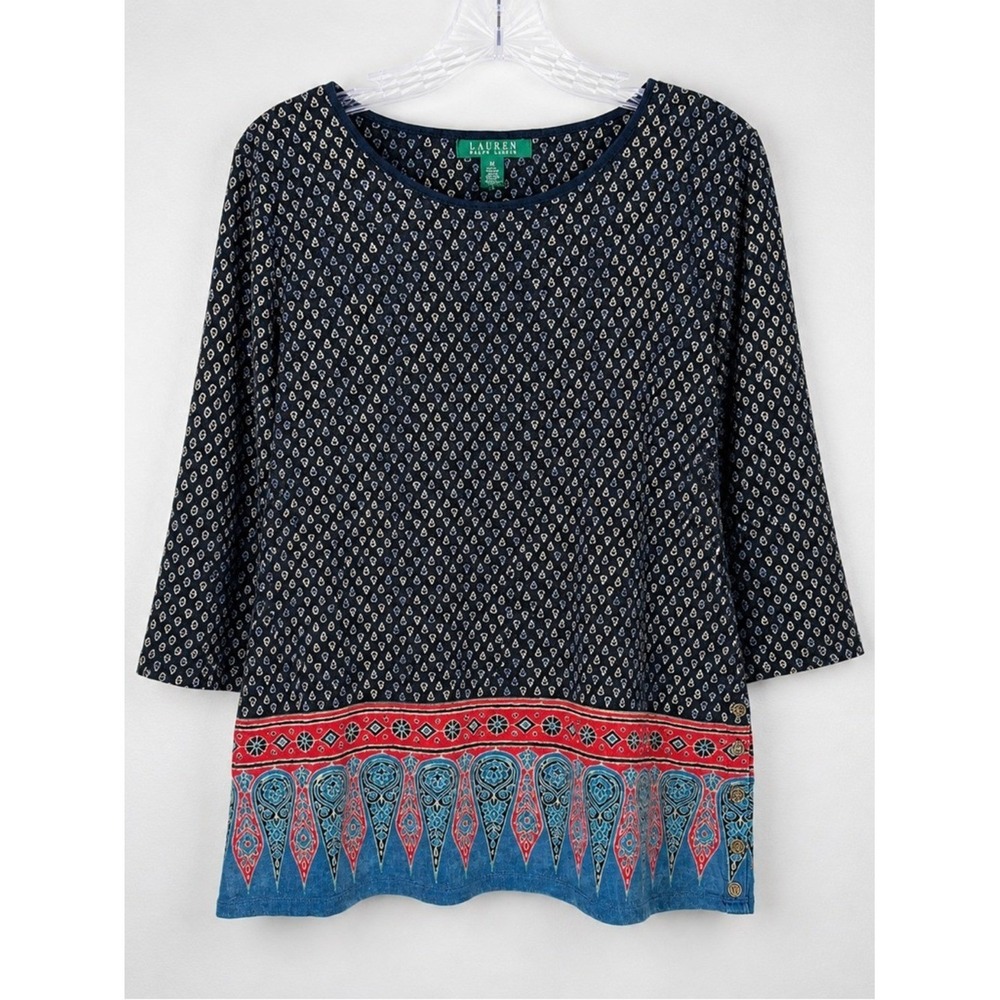 Lauren Ralph Lauren Boho Border Print Tunic Top XL‎ Cotton 3/4 Sleeve